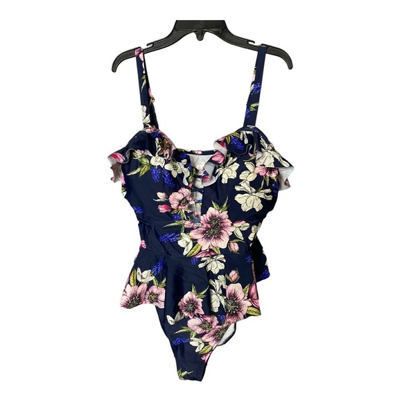 Cupshe Other - Cupshe Women's Size 2X Bathing Swim Suit Blue Floral Ruffle Trim One Piece NWT
